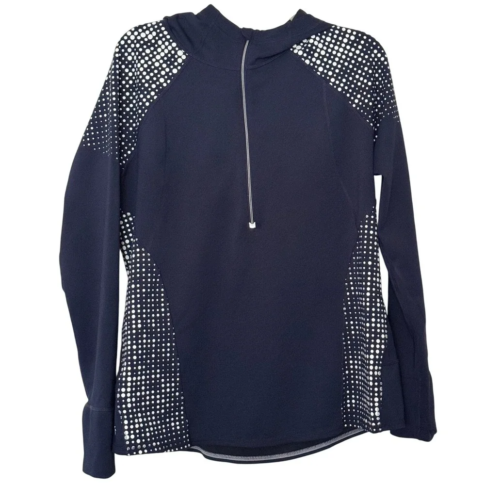 Athleta Running Wild 1/2 Zip Hooded Pullover Navy Polka Dot Athletic Women's L - Picture 1 of 8
